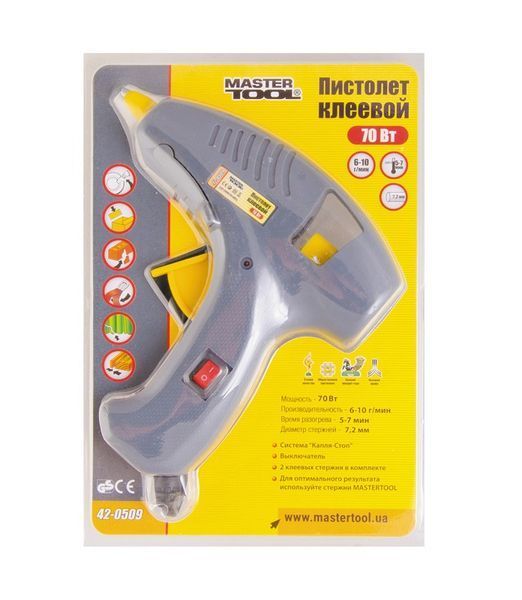 Пістолет клейовий MASTERTOOL &Oslash;7.2 мм 70 Вт 6-10 г/хв "Крапля-Стоп" з вимикачем 42-0509 12714 фото
